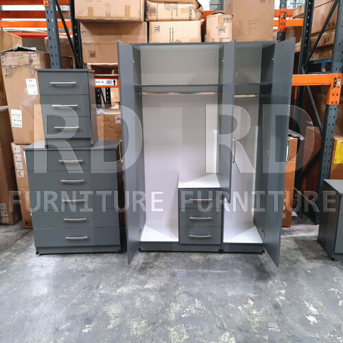 RD Furniture Ready assembled Classic 3 Door 3 Drawer Combi Mirrored Wardrobe Grey 2
