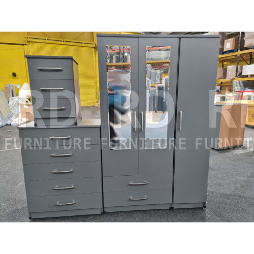 RD Furniture Ready assembled Classic 3 Door 2 Drawer Mirrored Wardrobe Grey 1
