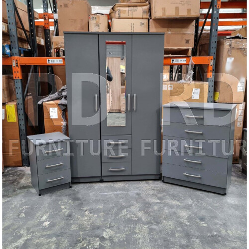 RD Furniture Ready assembled Classic 3 Door 3 Drawer Combi Mirrored Wardrobe Grey 1