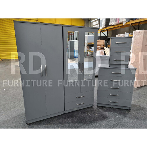 RD Furniture Ready assembled Classic 4 Door 2 Drawer Mirrored Wardrobe Grey 1