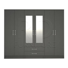Ready Assembled Classic Grey 6-Door Mirrored Wardrobe with 2 Drawers