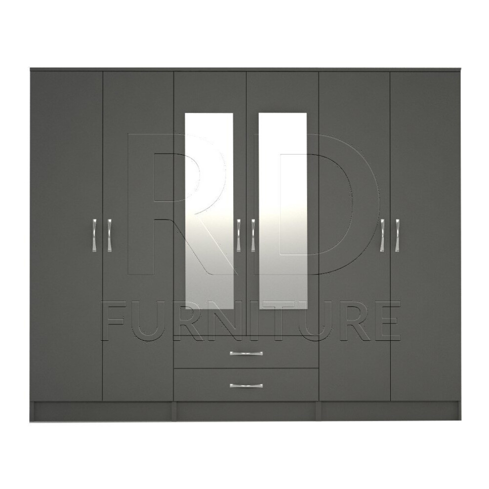 Ready assembled Classic 6 Door Mirrored Wardrobe Grey