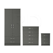 Ready assembled 3 Pcs Classic 2 Door 2 Drawer Wardrobe, Chest and Bedside Set Grey