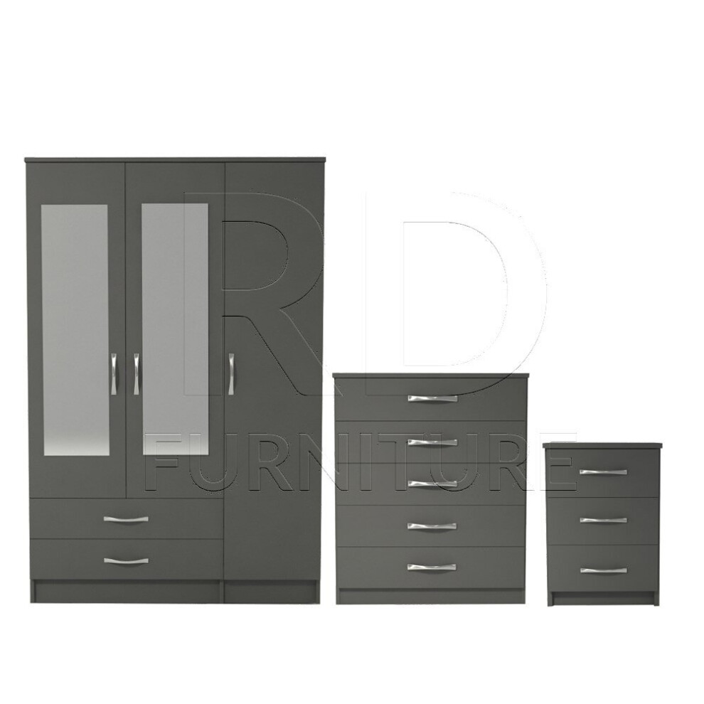 Ready assembled 3 Pcs Classic 3 Door 2 Drawer Mirrored Wardrobe, Chest And Bedside Set Grey