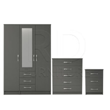 Ready assembled 3 Pcs Classic 3 Door 3 Drawer Combi Mirrored Wardrobe, Chest And Bedside Set Grey