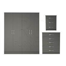 Ready-Assembled 3-Piece Classic Grey Wardrobe Set: 4-Door Wardrobe, 5-Drawer Chest & Bedside