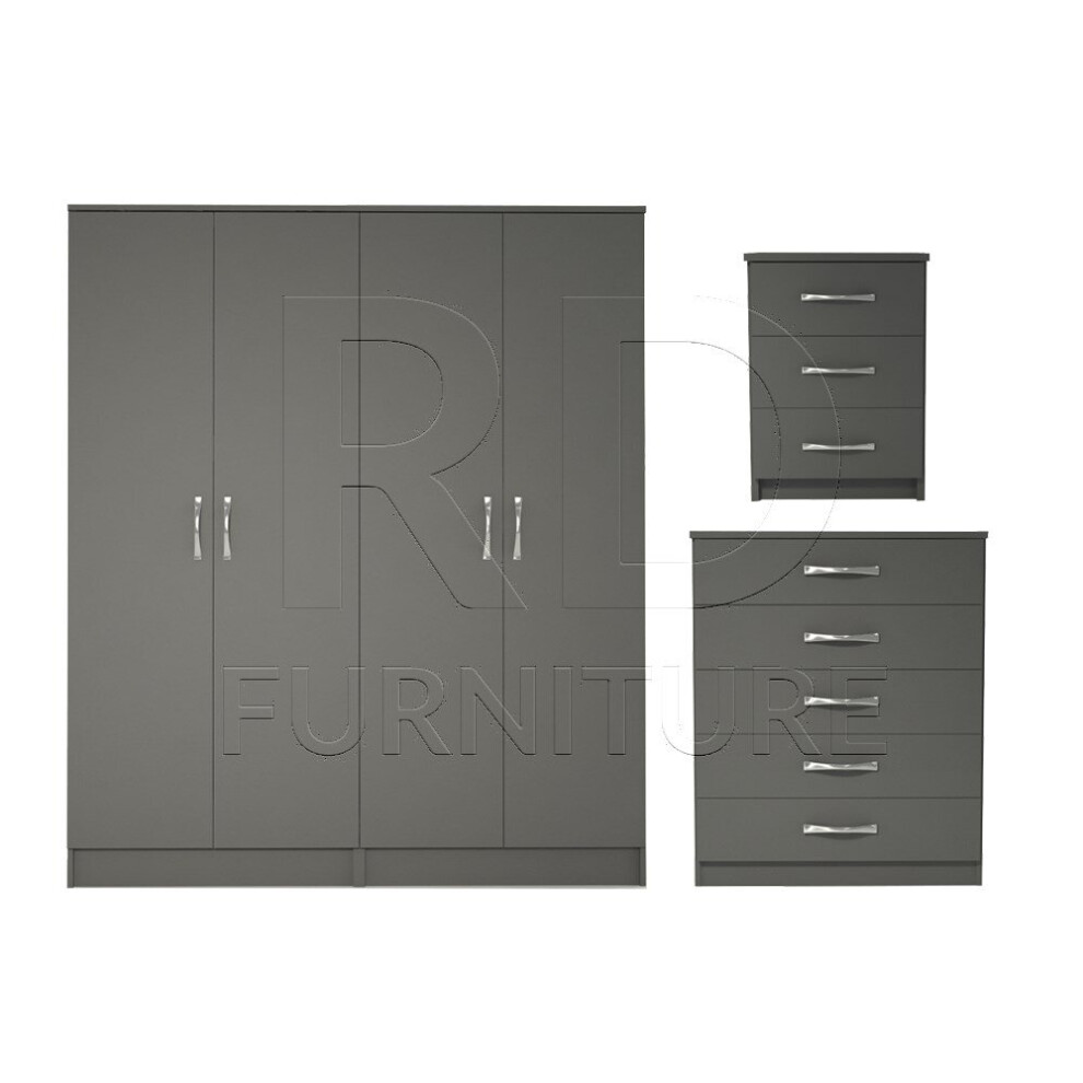 Ready-Assembled 3-Piece Classic Grey Wardrobe Set: 4-Door Wardrobe, 5-Drawer Chest & Bedside-image-OPC-P8FKHR8-NEW