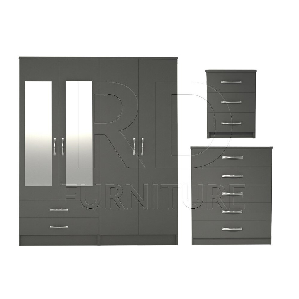 Ready assembled 3 Pcs Classic 4 Door 2 Drawer Mirrored Wardrobe, Chest And Bedside Set Grey