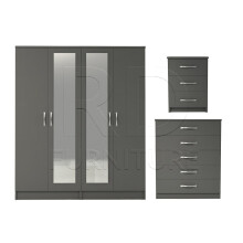 Ready assembled 3 Pcs Classic 4 Door Double Mirrored Wardrobe, Chest And Bedside Set Grey