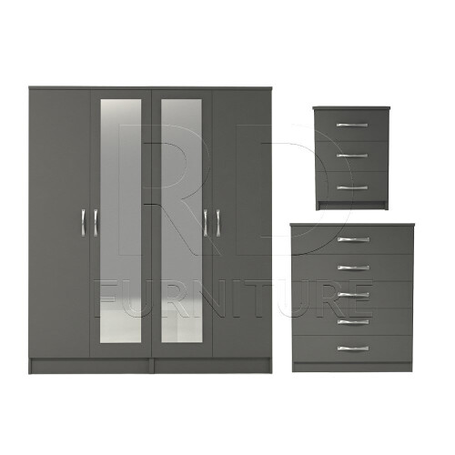 RD Furniture Ready assembled 3 Pcs Classic 4 Door Double Mirrored Wardrobe, Chest And Bedside Set Grey