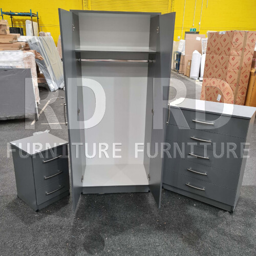 RD Furniture Ready assembled 3 Pcs Classic 2 Door Mirrored Wardrobe, Chest And Bedside Set Grey 2