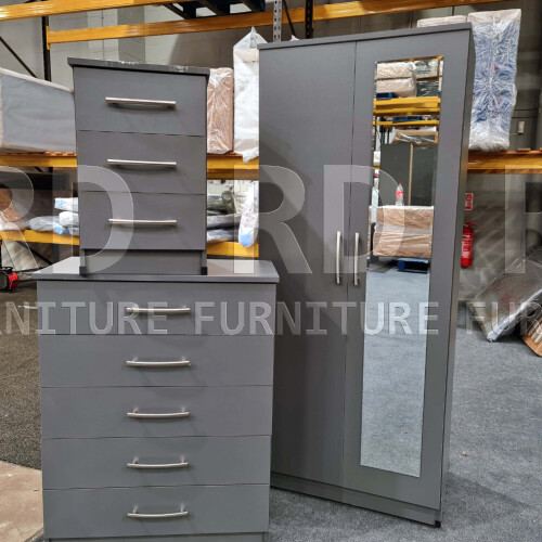 RD Furniture Ready assembled 3 Pcs Classic 2 Door Mirrored Wardrobe, Chest And Bedside Set Grey 1
