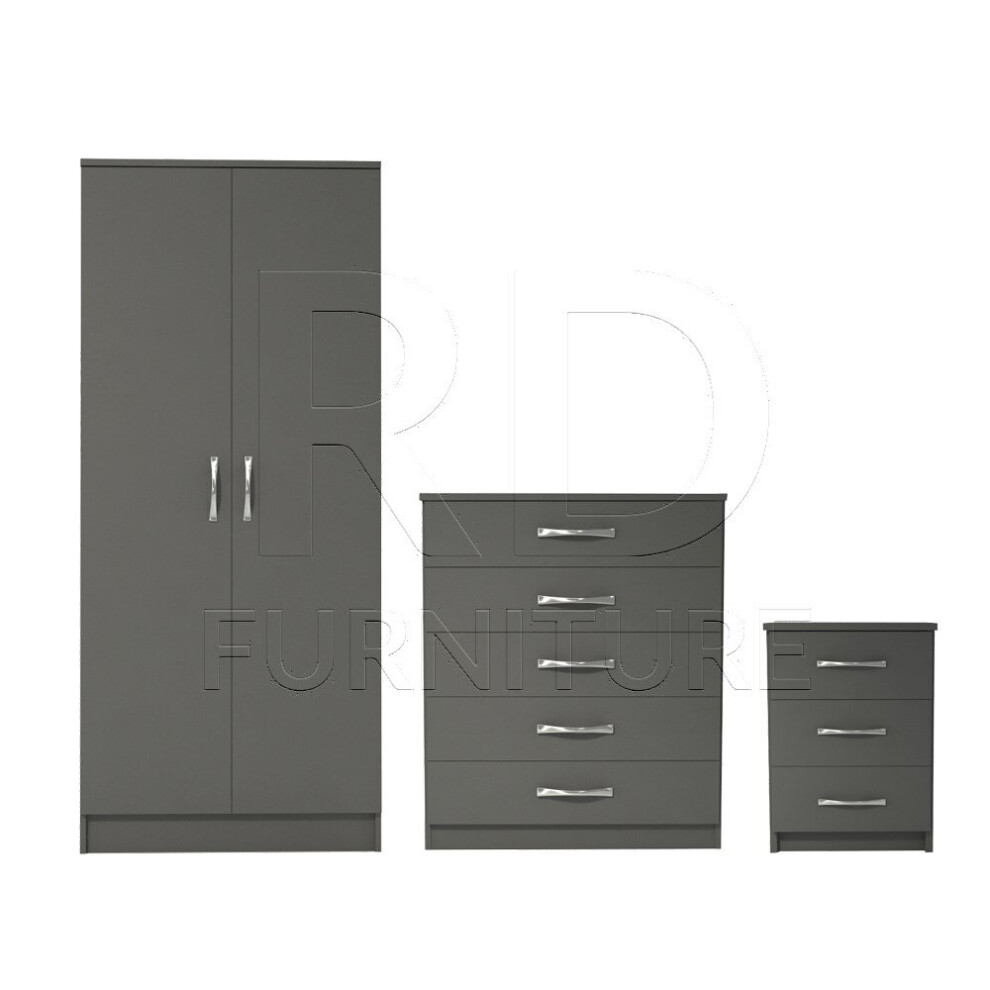 Ready assembled 3 Pcs Classic 2 Door Wardrobe, Chest And Bedside Set Grey