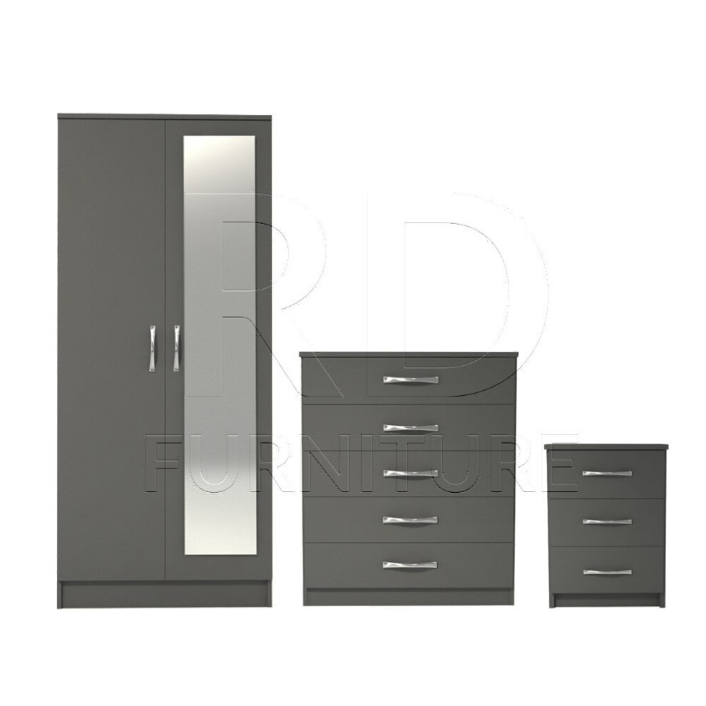 Ready assembled 3 Pcs Classic 2 Door Mirrored Wardrobe, Chest And Bedside Set Grey