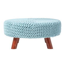 (Pastel Blue) Knitted Cotton Footstool with Wooden Legs Large 62 x 62 x 30 cm