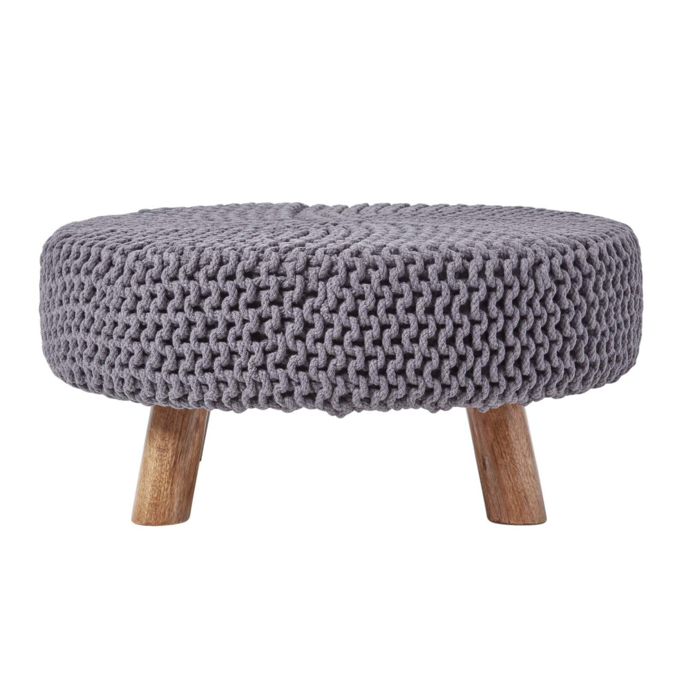 Homescapes (Grey) Knitted Cotton Footstool With Wooden Legs Large 62 X 62 X 30 Cm