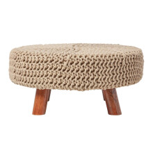 (Linen) Knitted Cotton Footstool with Wooden Legs Large 62 x 62 x 30 cm