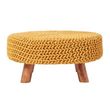 (Mustard) Knitted Cotton Footstool with Wooden Legs Large 62 x 62 x 30 cm