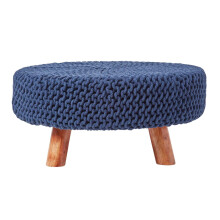 (Navy Blue) Knitted Cotton Footstool with Wooden Legs Large 62 x 62 x 30 cm