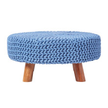 (Blue) Knitted Cotton Footstool with Wooden Legs Large 62 x 62 x 30 cm