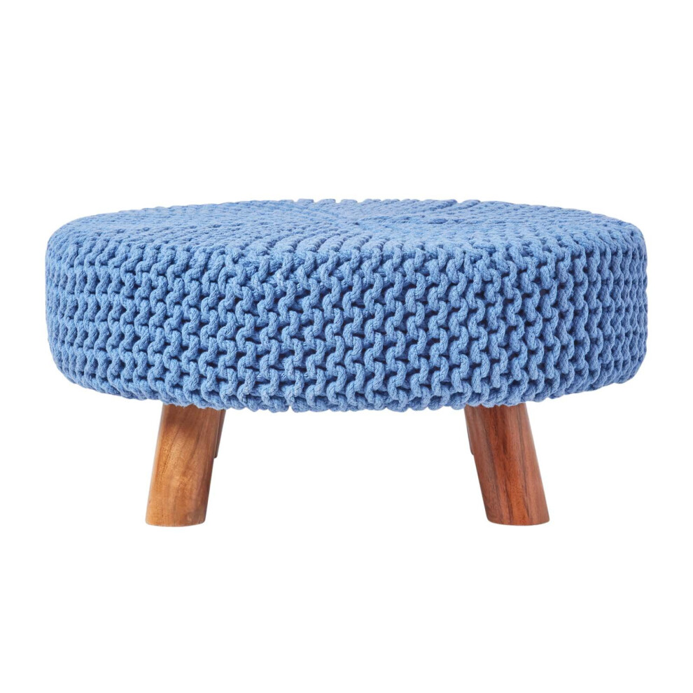 (Blue) Knitted Cotton Footstool with Wooden Legs Large 62 x 62 x 30 cm-image-OPC-P8FKPYC-NEW