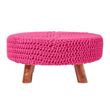(Hot Pink) Knitted Cotton Footstool with Wooden Legs Large 62 x 62 x 30 cm
