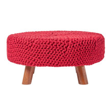 (Red) Knitted Cotton Footstool with Wooden Legs Large 62 x 62 x 30 cm