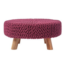 (Plum) Knitted Cotton Footstool with Wooden Legs Large 62 x 62 x 30 cm