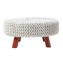 (Natural) Knitted Cotton Footstool with Wooden Legs Large 62 x 62 x 30 cm