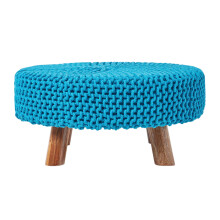 (Teal Blue) Knitted Cotton Footstool with Wooden Legs Large 62 x 62 x 30 cm