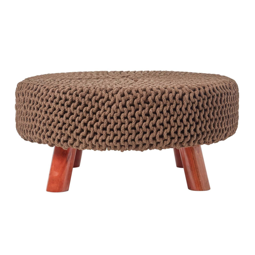 Homescapes (Chocolate) Knitted Cotton Footstool With Wooden Legs Large 62 X 62 X 30 Cm