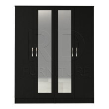 Ready-Assembled Classic 4-Door Double Mirrored Wardrobe - Black, 2-Section, Castor-Equipped, 184x156x50 cm