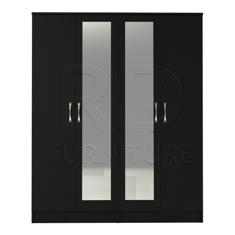 Ready assembled Classic 4 Door Double Mirrored Wardrobe Black