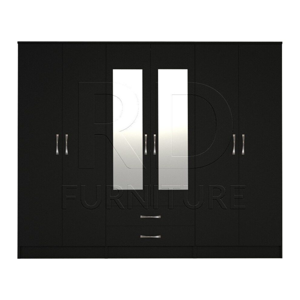 Ready assembled Classic 6 Door Mirrored Wardrobe Black