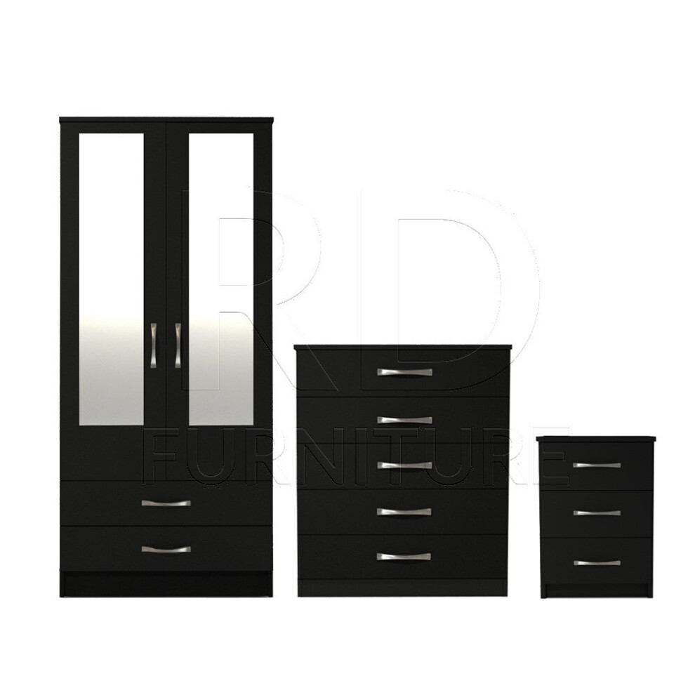 Ready assembled 3 Pcs Classic 2 Door 2 Drawer Mirrored Wardrobe, Chest And Bedside Set Black