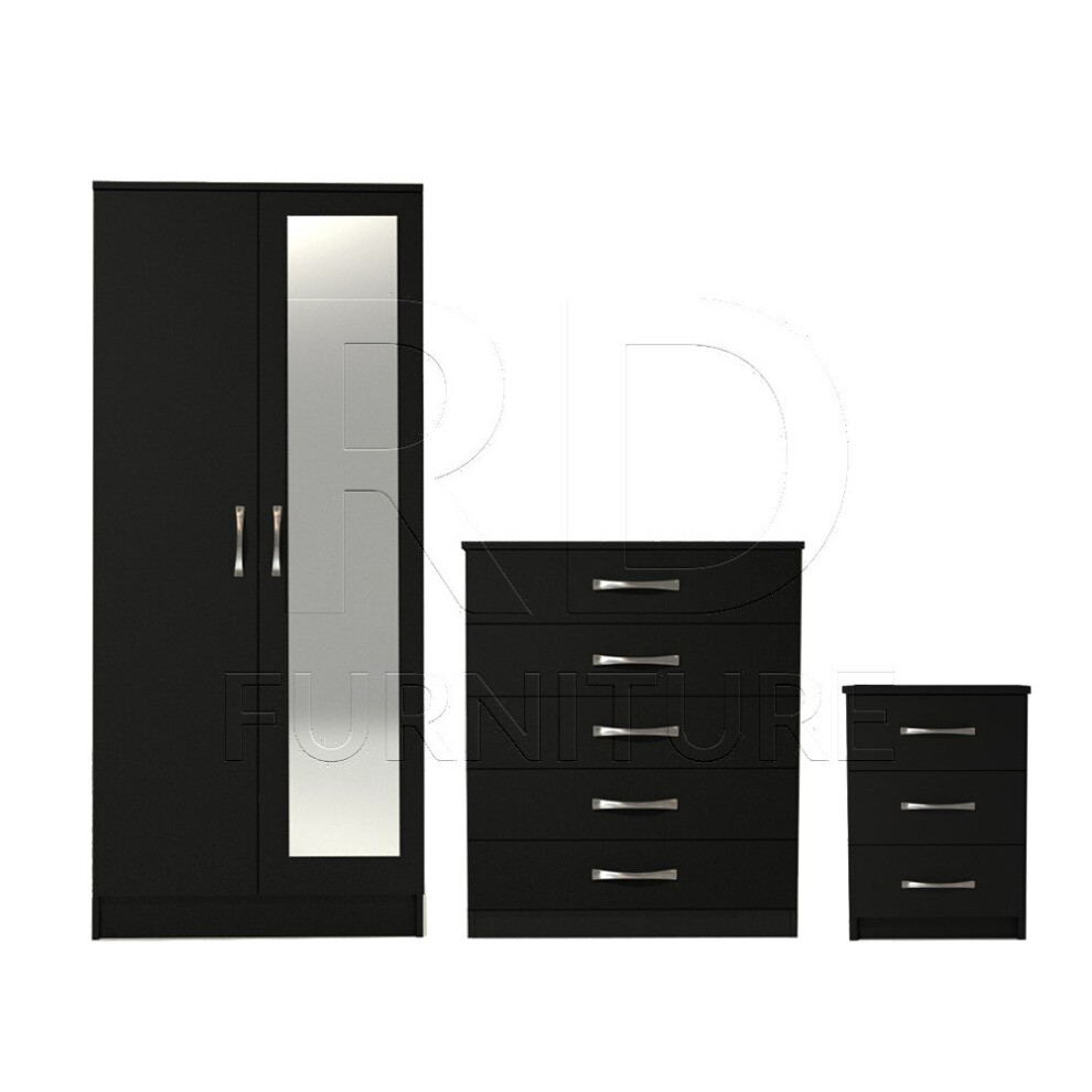 Ready assembled 3 Pcs Classic 2 Door Mirrored Wardrobe, chest And Bedside Set Black