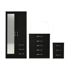 Ready assembled 3 Pcs Classic 2 Door Mirrored Combi Wardrobe, Chest And Bedside Set Black