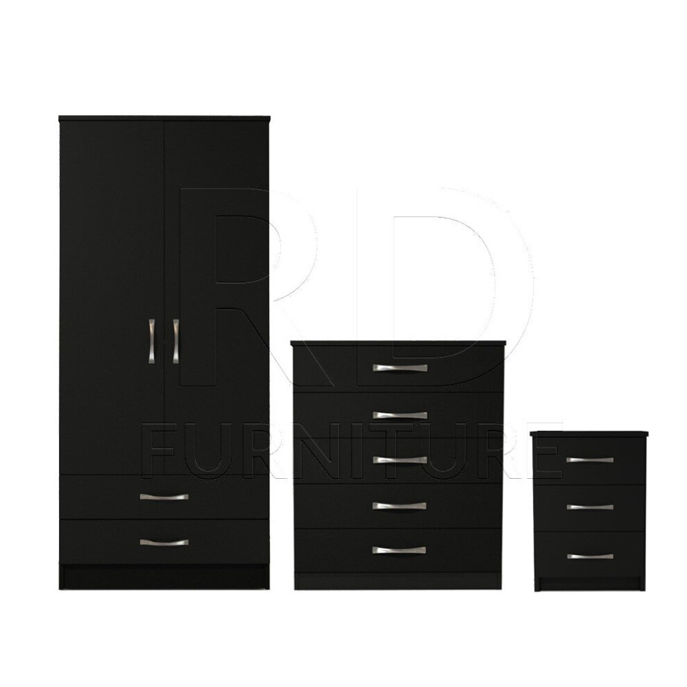 Ready assembled 3 Pcs Classic 2 Door 2 Drawer Wardrobe, Chest and Bedside Set Black