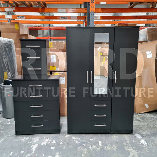 RD Furniture Ready assembled Classic 3 Door 3 Drawer Combi Mirrored Wardrobe Black 1