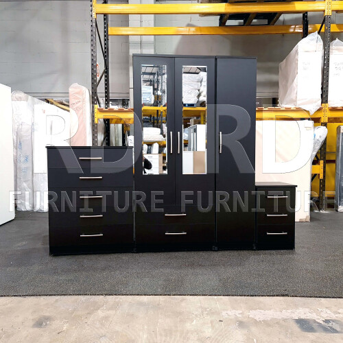 RD Furniture Ready assembled Classic 3 Door 2 Drawer Mirrored Wardrobe Black 1