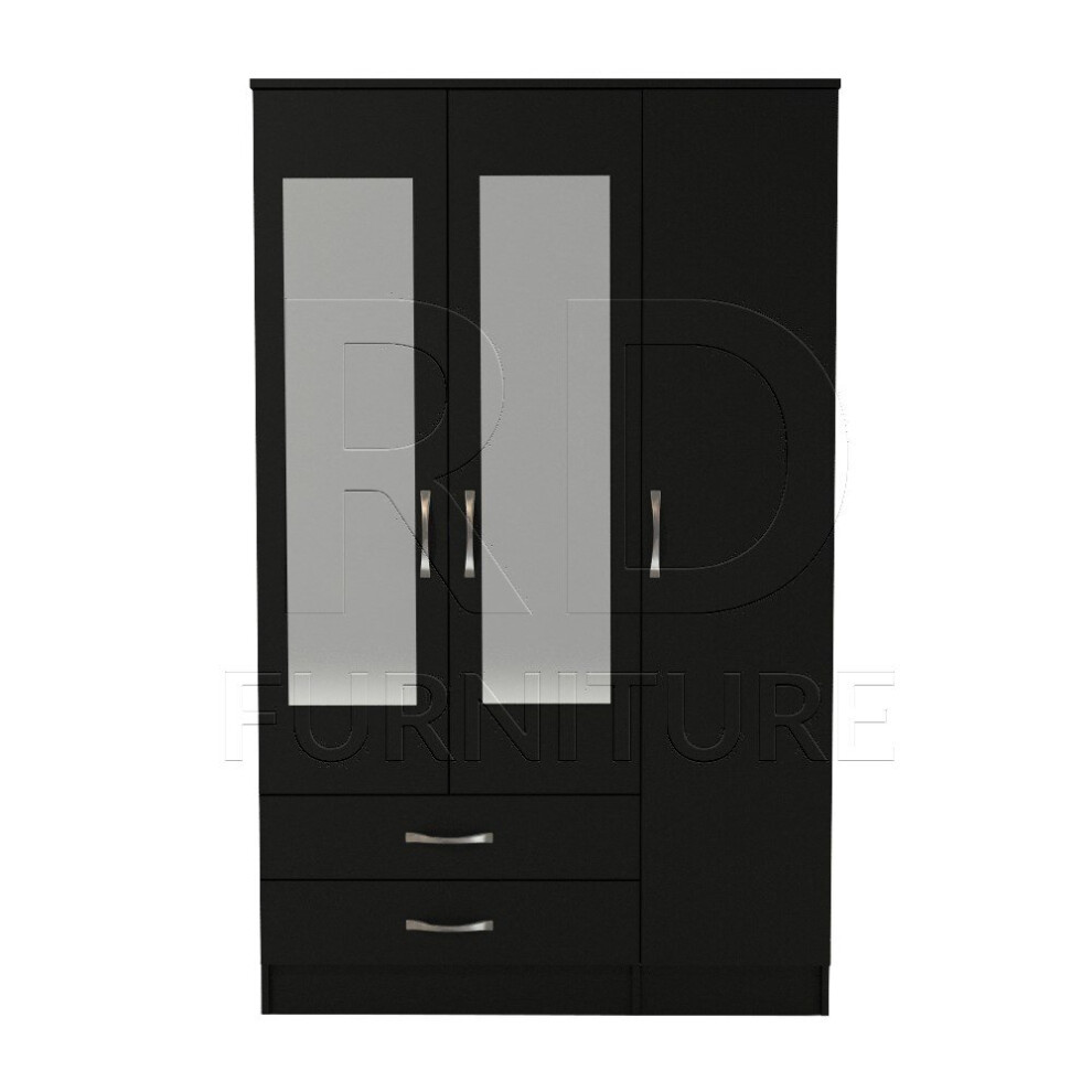 Ready assembled Classic 3 Door 2 Drawer Mirrored Wardrobe Black