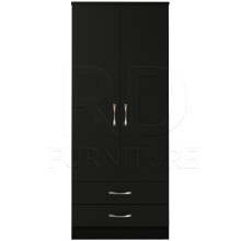 Ready Assembled Classic Black Wardrobe - 2 Doors, 2 Drawers, Castors, Metal Hanging Rail, Smooth Runners