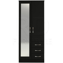 Ready Assembled Classic Black Mirrored Wardrobe – 2 Doors, 3 Slim Drawers, Long Mirror, Castors, Top Shelf & Rail