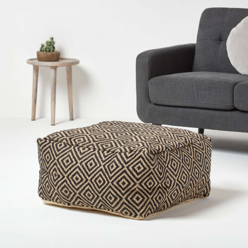 Homescapes (60 x 60 x 30 cm) Black and Cream Bean Footstool with Aztec Pattern 1