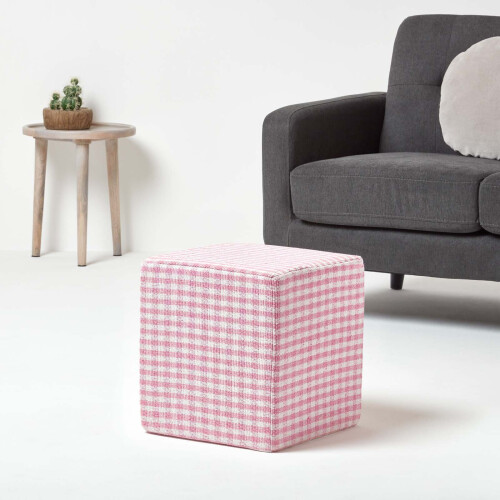 Homescapes (Pink) Gingham Check Cotton Cube Pouffe 36 x 36 x 38 cm 1