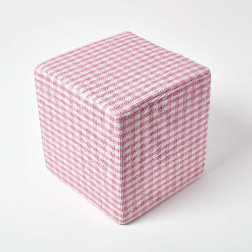 Homescapes (Pink) Gingham Check Cotton Cube Pouffe 36 x 36 x 38 cm 2