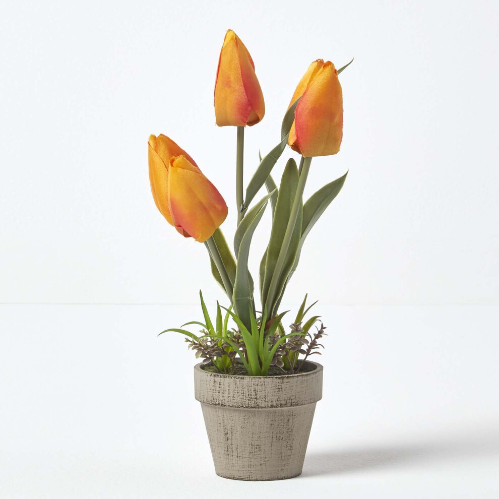 Homescapes () Artificial Tulips In Decorative Stone Pot, 27 Cm Orange/Grey