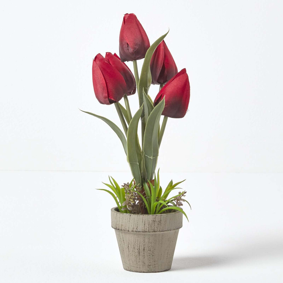 Homescapes () Artificial Tulips In Decorative Stone Pot, 27 Cm Red/Grey