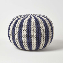 (Navy & Off White, 40 x 50 cm) Knitted Pouffe Striped Footstool