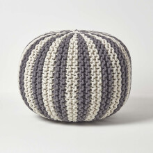 (Grey & Off White, 40 x 50 cm) Knitted Pouffe Striped Footstool
